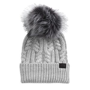 The North Face OH Mega Pom Faux Fur Beanie Hat Light Grey Heather